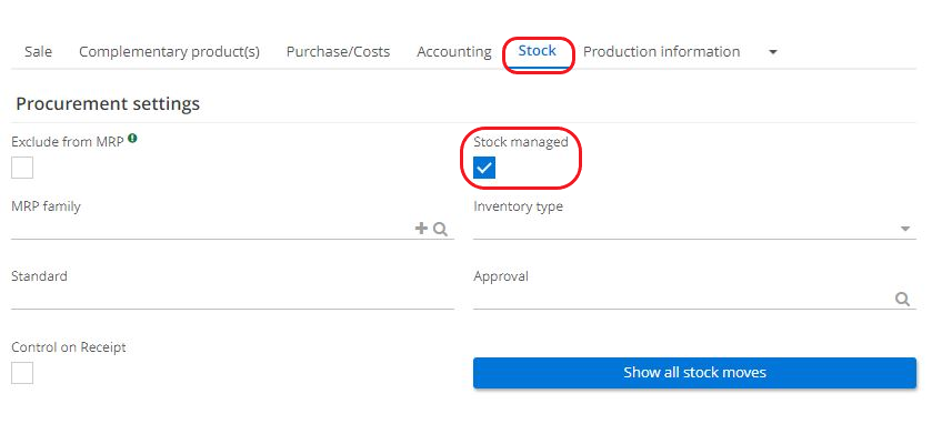 1.1 On the product file, click on the Stock tab. Tick the box Stock Managed to be able to manage the product in stock.